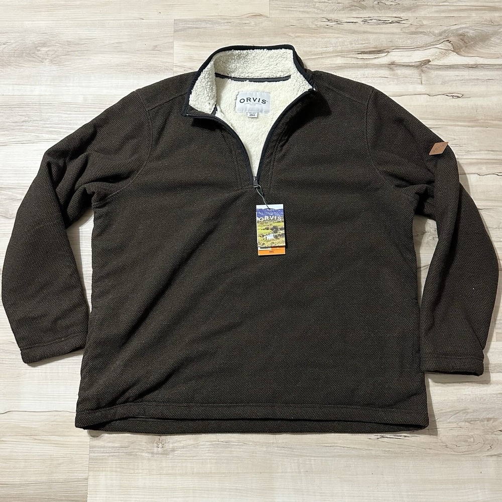 Orvis Men's Brown Sherpa Lined Fleece 1/4 Zip Pullover Sweater XXL